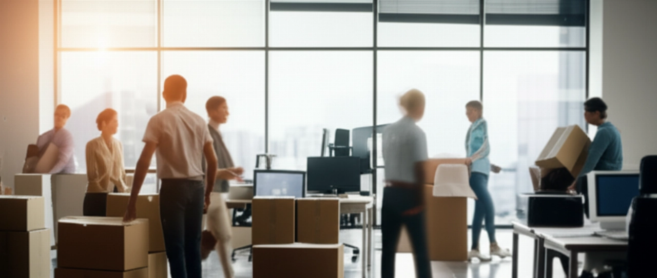 Scena iperrealistica di un trasloco aziendale in un moderno ufficio, con impiegati e traslocatori caucasici che lavorano insieme tra scatole ben organizzate e arredi di design, sotto una luce naturale che enfatizza l'efficienza e la professionalità del pr